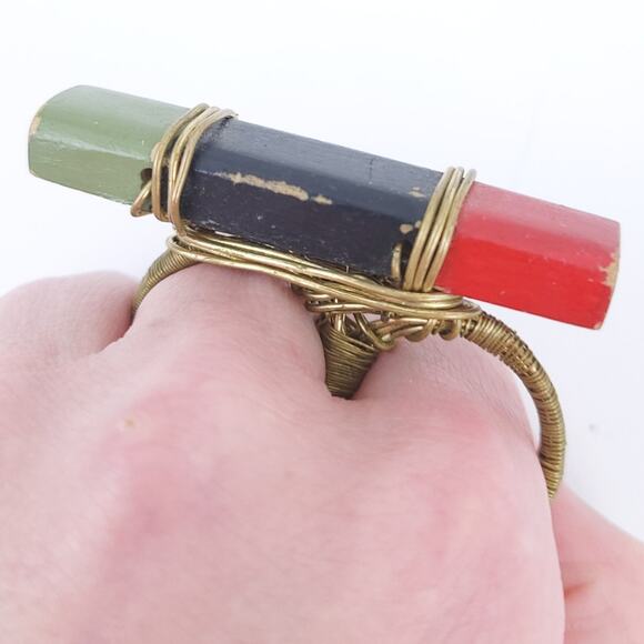 Double Finger Ring So Cute, Wood & Metal, Distressed Design - Picture 2 of 4